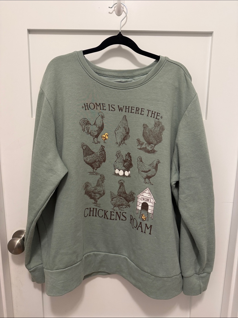 Sage Green Graphic Crewneck Sweatshirt - 'Home Is Where The Chickens Roam'
